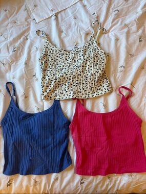 3-Pack Ribbed Cami Tank Tops - Ivory Floral, Navy, Hot Pink